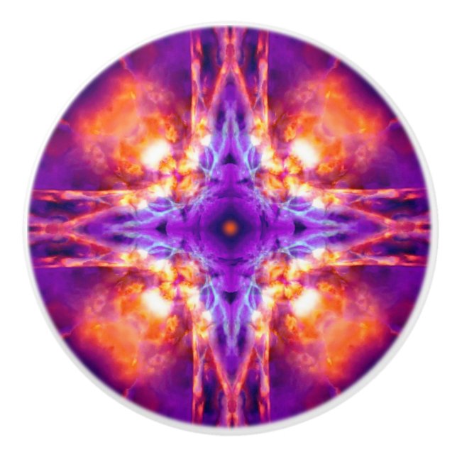 Purple and orange kaleidoscope cross ceramic knob (Front)