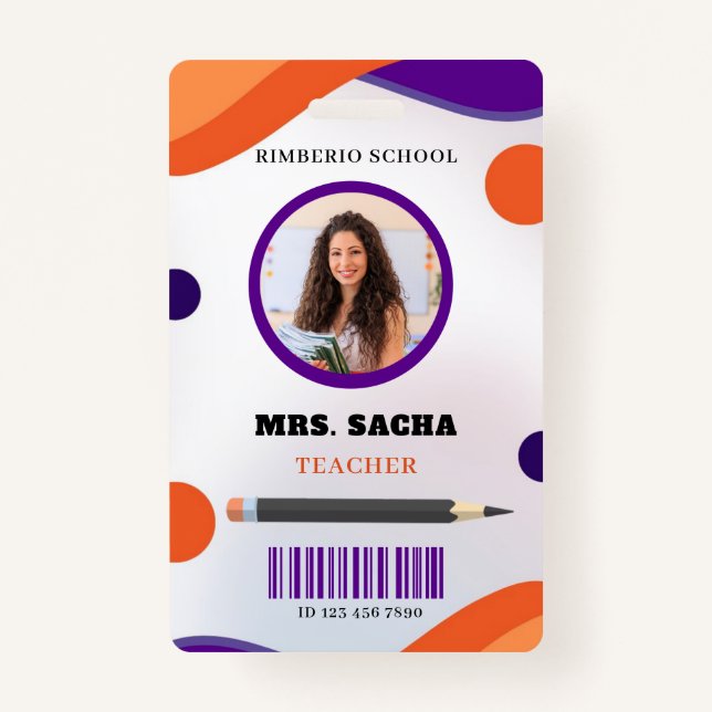Purple and Orange Modern Teacher Portrait Company  Badge (Front)
