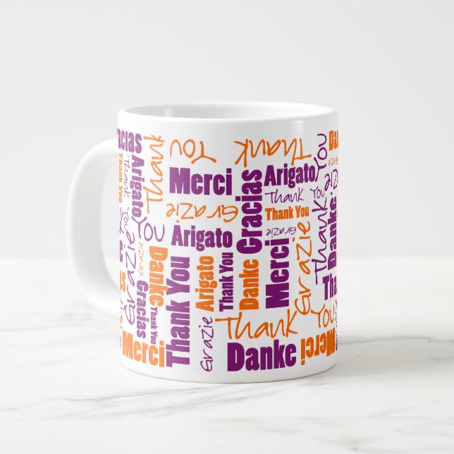 Purple and Orange Multilingual Thank You Giant Coffee Mug (Front Left)