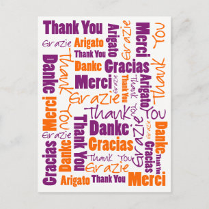 Purple and Orange Multilingual Thank You Postcard
