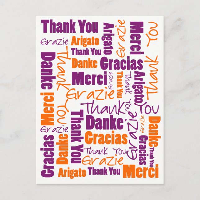 Purple and Orange Multilingual Thank You Postcard (Front)