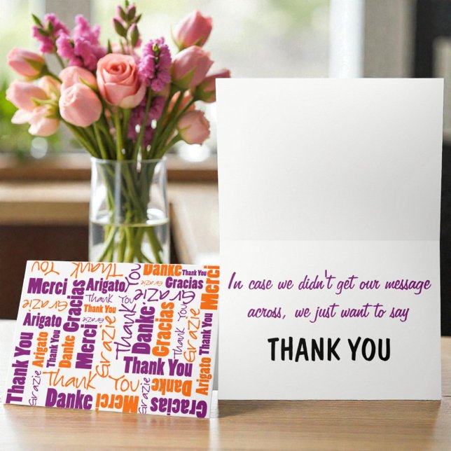 Purple and Orange Multilingual Thank You Template (Orange & purple multilingual thank you typography greetin card cover and template text inside.)