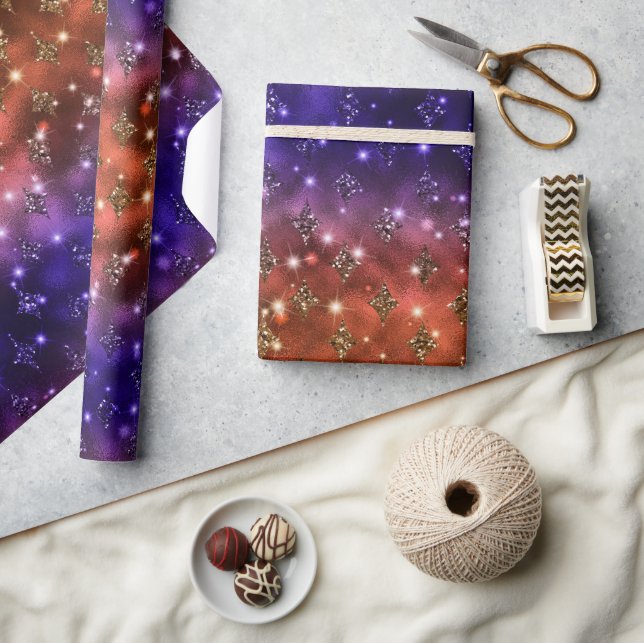 Purple and Orange Ombre Glitter Celestial Pattern Wrapping Paper (Crafts)