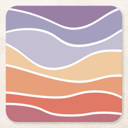 Purple and orange retro style waves square paper coaster
