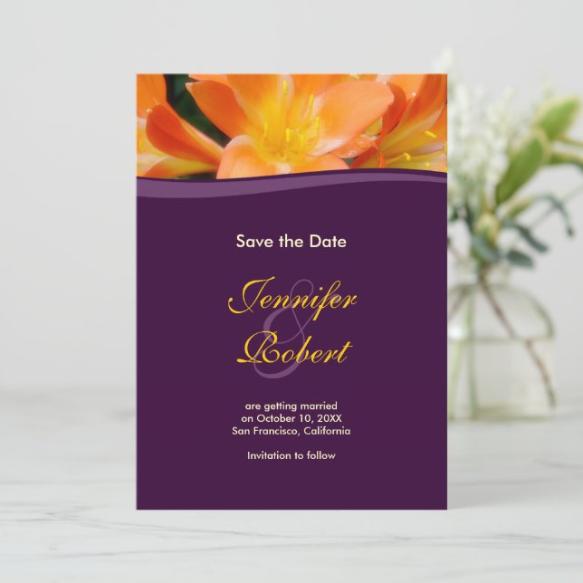 Purple and Orange Save the Date Announcement (Standing Front)