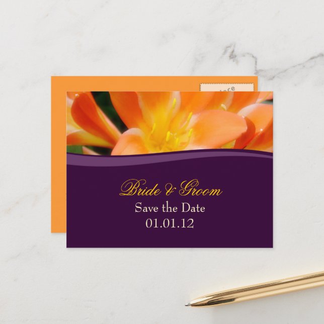 Purple and Orange Save the Date Postcard (Front/Back In Situ)