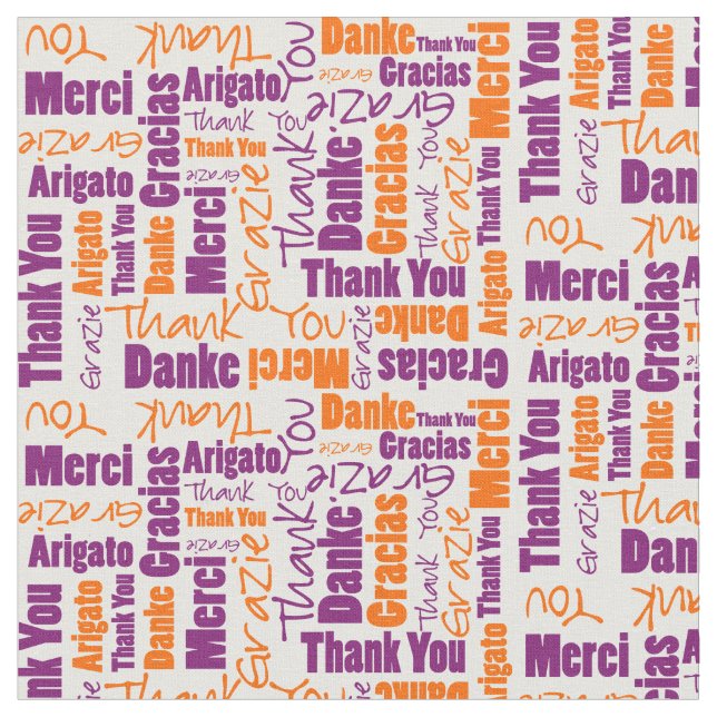 Purple and Orange Thank You Word Cloud Fabric (Close Up)