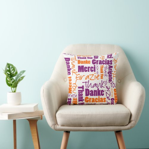 Purple and Orange Thank You Word Cloud Throw Pillow