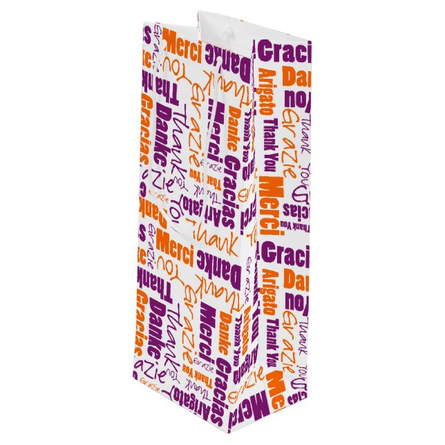Purple and Orange Thank You Word Cloud Wine Gift Bag (Back Angled)