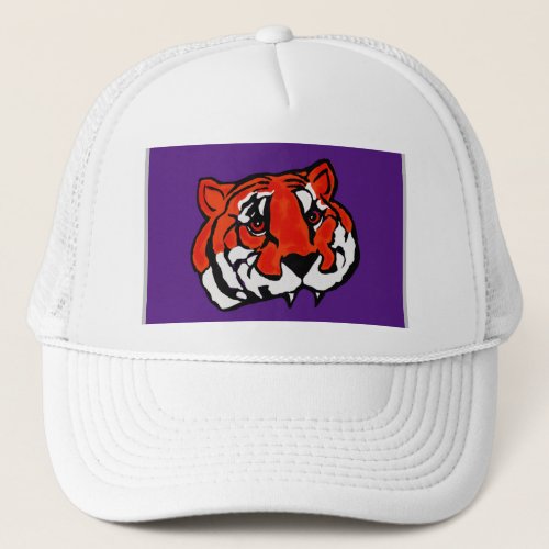 PURPLE AND ORANGE TIGER  TRUCKER HAT