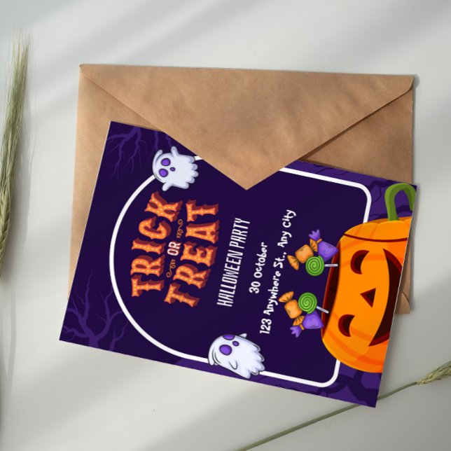 Purple And Orange Trick Or Treat Halloween Party  Invitation (Creator Uploaded)