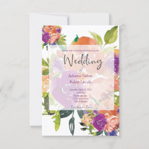 Purple and orange watercolor floral wedding invita invitation