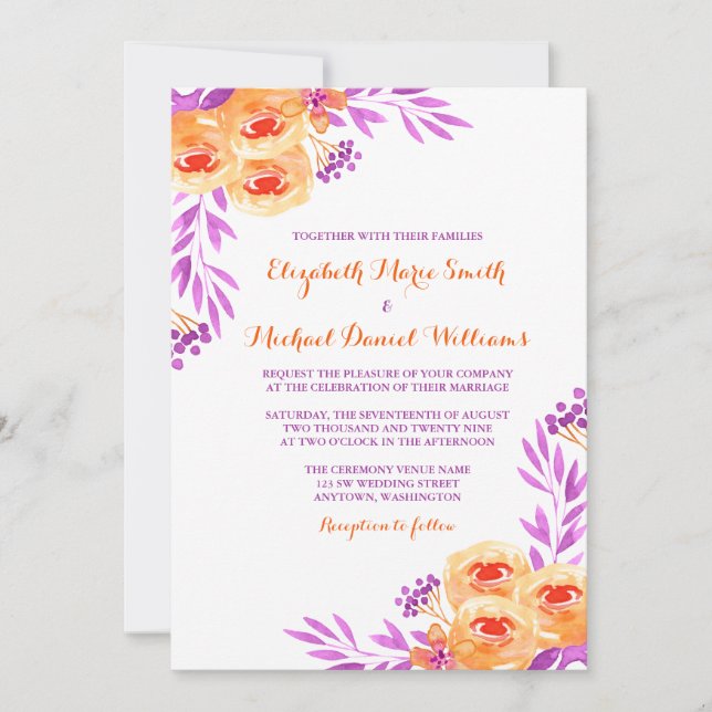 Purple and Orange Watercolor Floral Wedding Invitation (Front)