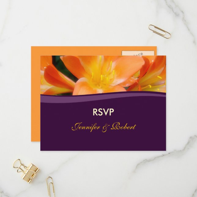 Purple and Orange Wedding RSVP Invitation Postcard (Front/Back In Situ)
