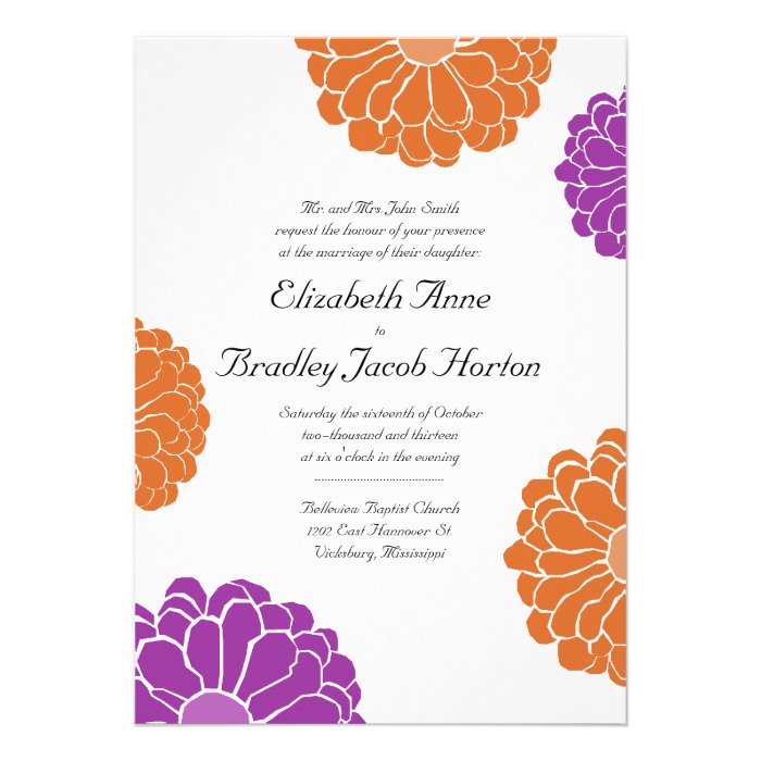 Purple and Orange Zinnia Flower Wedding Invitation