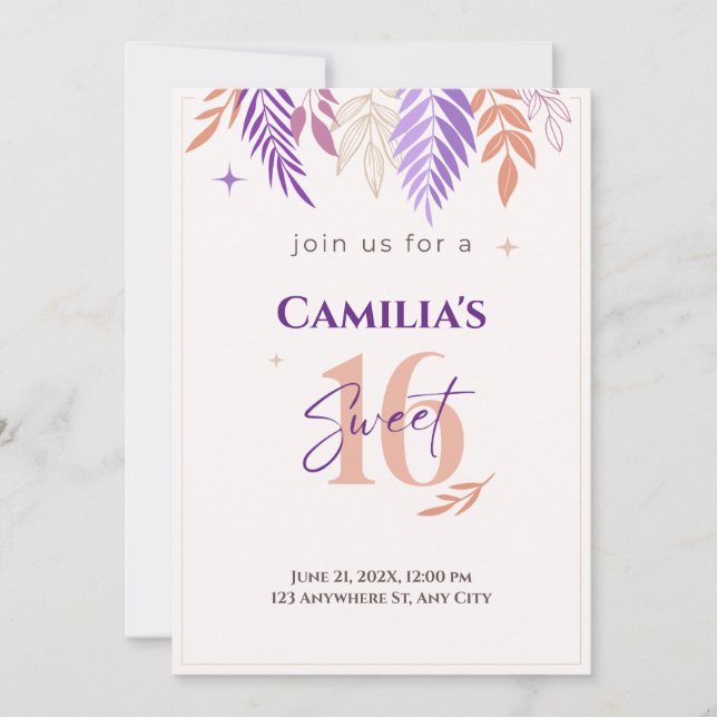 Purple and Peach Botanical Sweet 16 Invitation (Front)