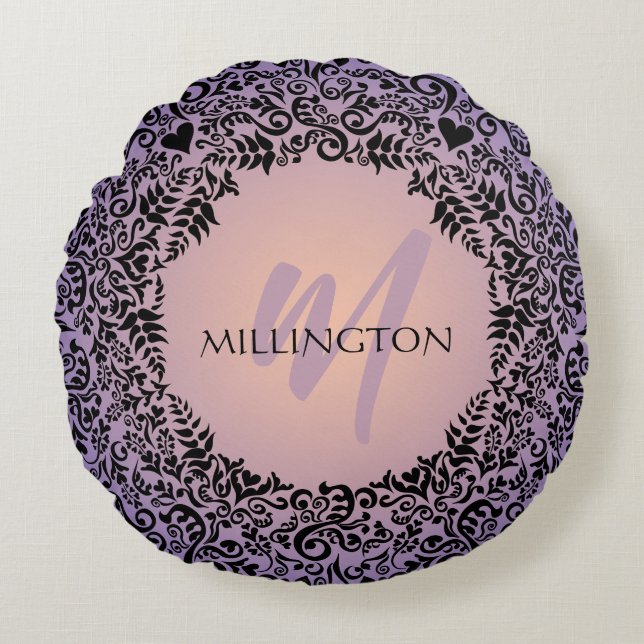 Purple and Peach Damask Monogram Round Pillow (Front)