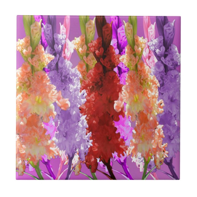 Purple And Peach Hollyhocks, Ceramic Tile (Front)