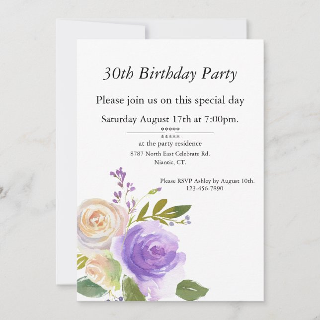 Purple and Peach Watercolor, Customizable Birthday Invitation (Front)