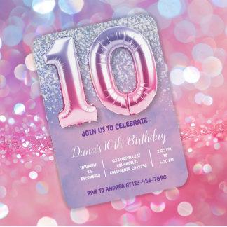 Purple and Pink 10th Birthday Balloon  Invitation