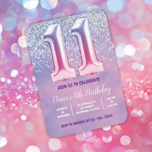 Purple and Pink 11th Birthday Balloon Invitation