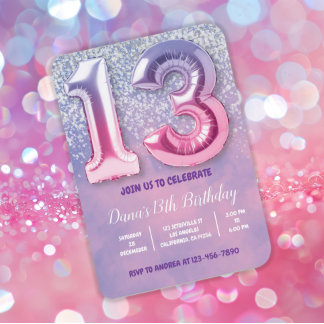 Purple and Pink 13th Birthday Balloon Invitation