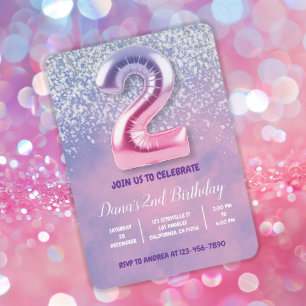 Purple and Pink 2nd Birthday Balloon Invitation