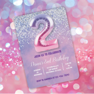 Purple and Pink 2nd Birthday Balloon Invitation