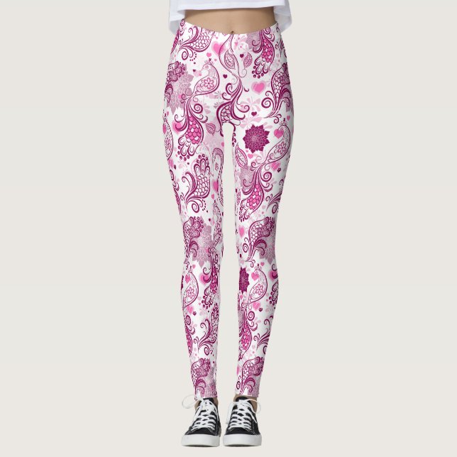 Purple And Pink Bird Patterned Leggings (Front)