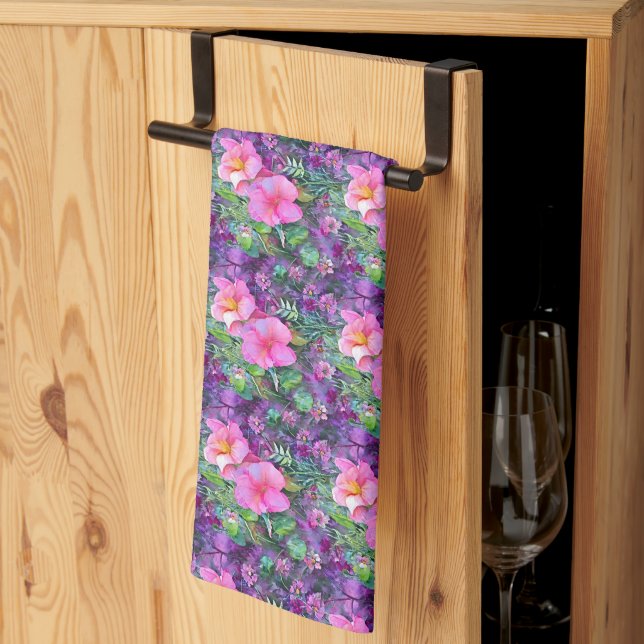 Purple and pink botanical floral pattern kitchen towel (Thirds Fold)
