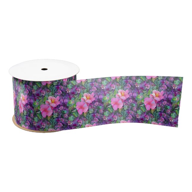 Purple and pink botanical floral pattern  satin ribbon (Spool)