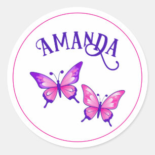 Purple and Pink Butterfly Duo with Name Classic Round Sticker