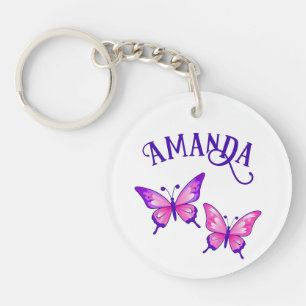 Purple and Pink Butterfly Duo with Name Keychain