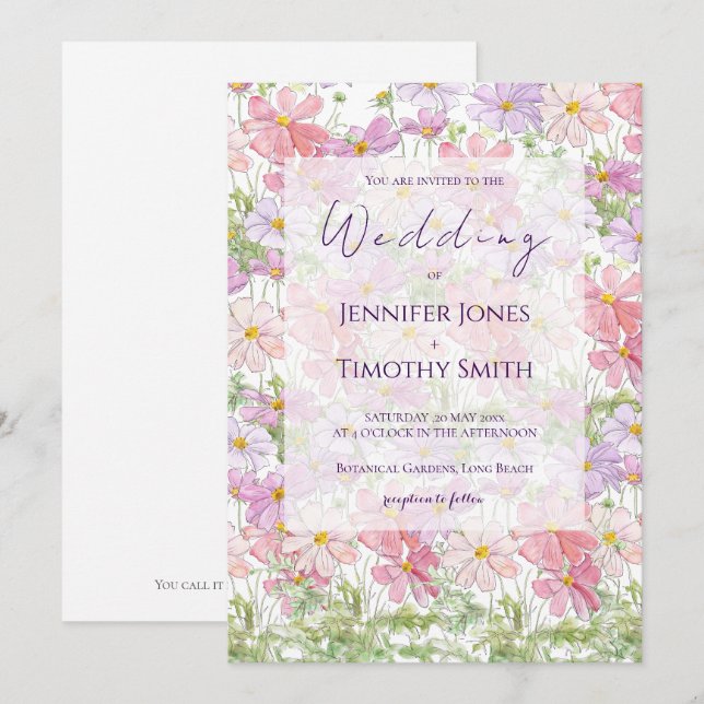 purple and pink cosmos flowers watercolour  invitation (Front/Back)