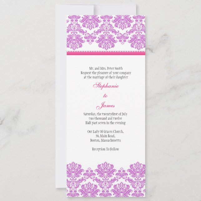 Purple and Pink Damask Wedding Invitation (Front)