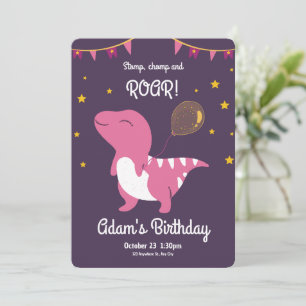 Purple And Pink Dinosaur Birthday Party Invitation