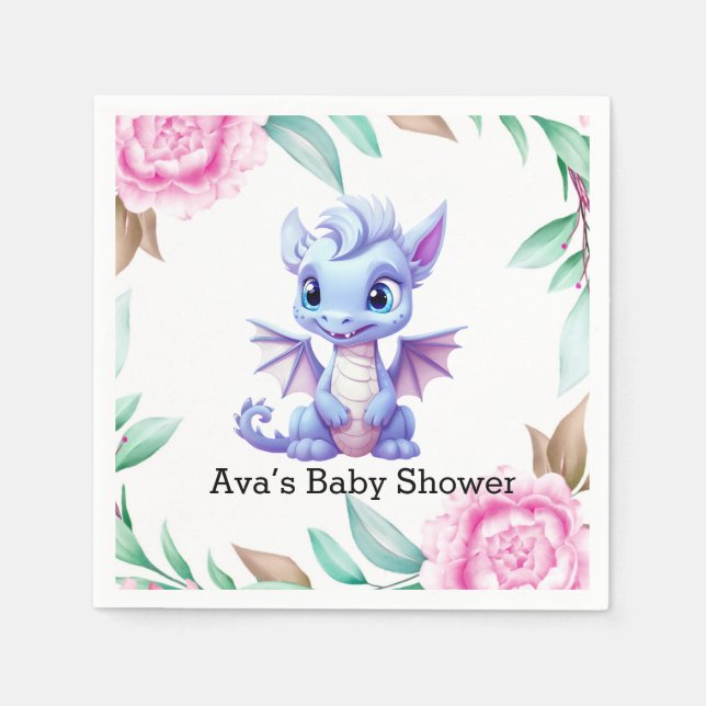 Purple and Pink Dragon Peony Girl Baby Shower Napkins (Front)