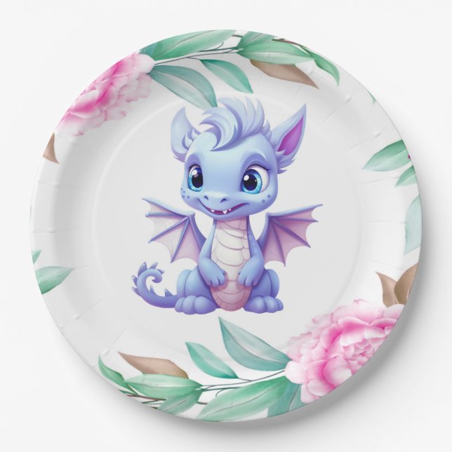 Purple and Pink Dragon Peony Girl Baby Shower Paper Plates (Front)