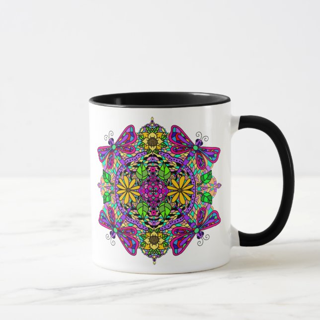 Purple and Pink Dragonfly and Flowers Mandala Mug (Right)