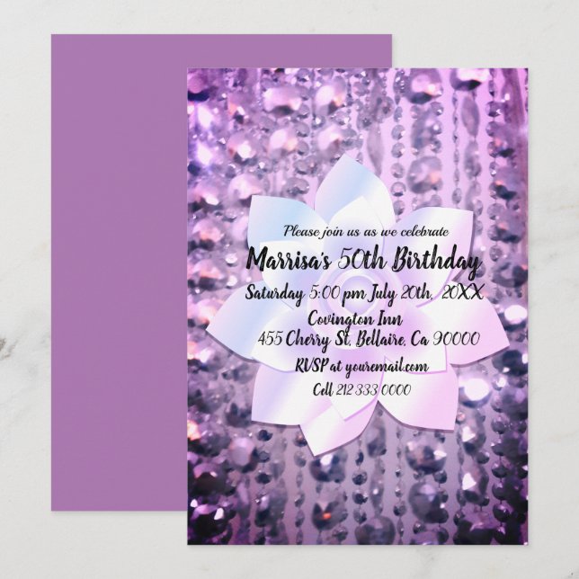 Purple and Pink Elegant  Beaded Birthday Invitation (Front/Back)