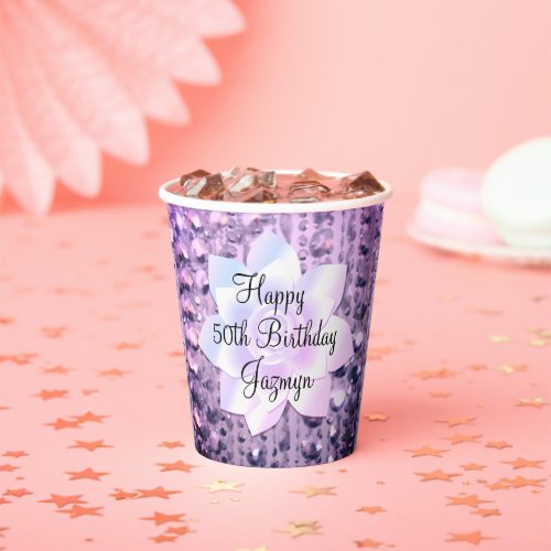 Purple and Pink Elegant Beaded Birthday  Paper Cups