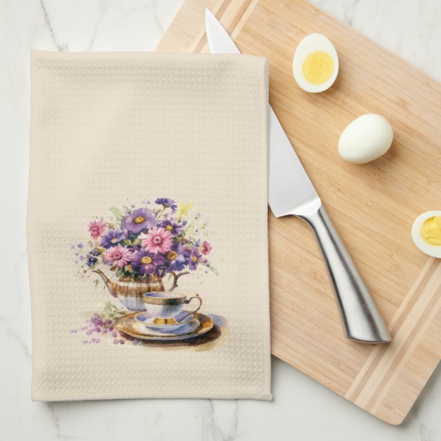 Purple and Pink Fall Bouquet Tea Set Kitchen Towel (Quarter Fold)