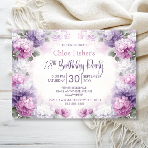 Purple and Pink Floral 18th Birthday Party Invitation