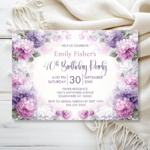 Purple and Pink Floral 40th Birthday Party Invitation