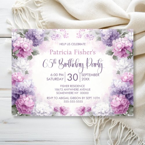 Purple and Pink Floral 65th Birthday Party Invitation