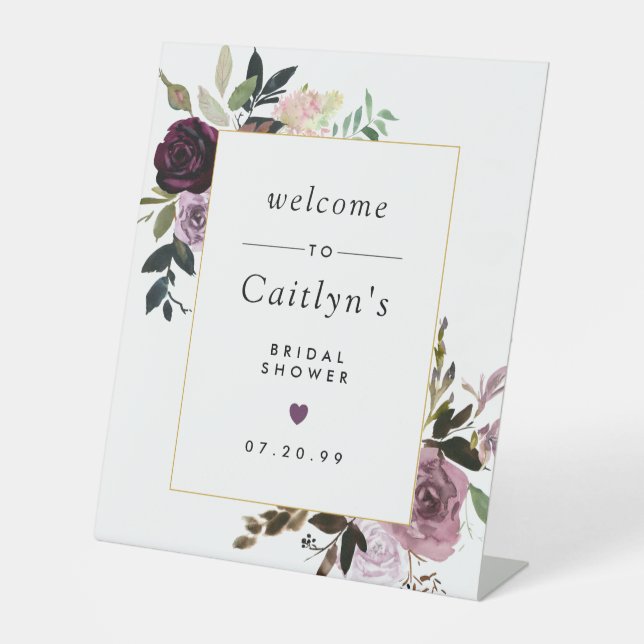 Purple and Pink Floral Bridal Shower Welcome Pedestal Sign (Front)