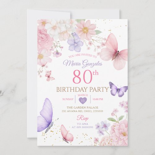 Purple and Pink Floral Butterfly 80th Birthday