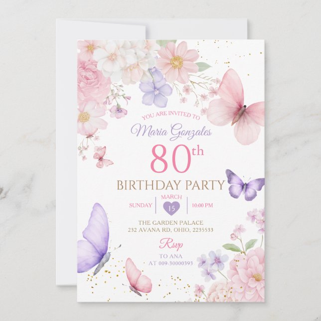 Purple and Pink Floral Butterfly 80th Birthday Invitation (Front)