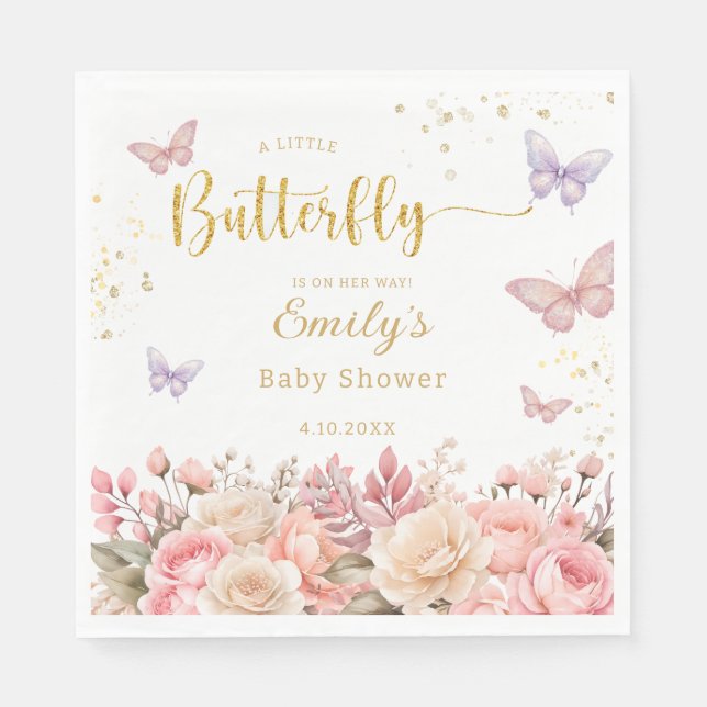 Purple and pink Floral Butterfly Girl Baby Shower Napkins (Front)