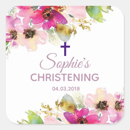 Purple and Pink Floral Christening Baptism sticker